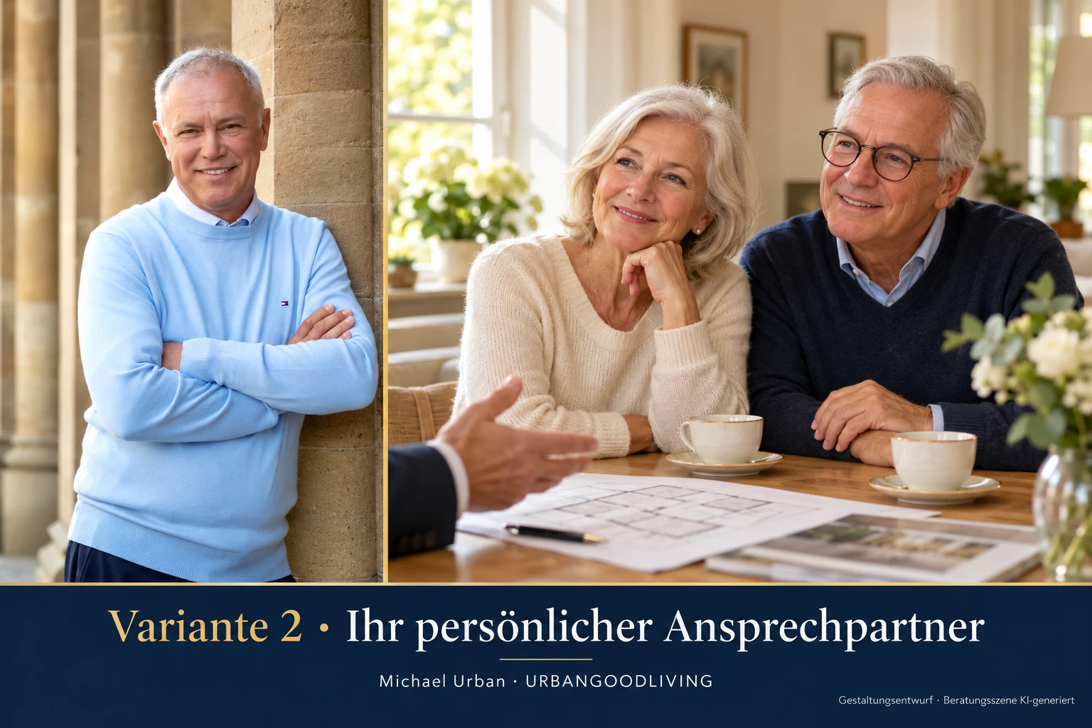 Michael Urban als persönlicher Ansprechpartner neben einer inszenierten Beratungsszene mit einem älteren Paar